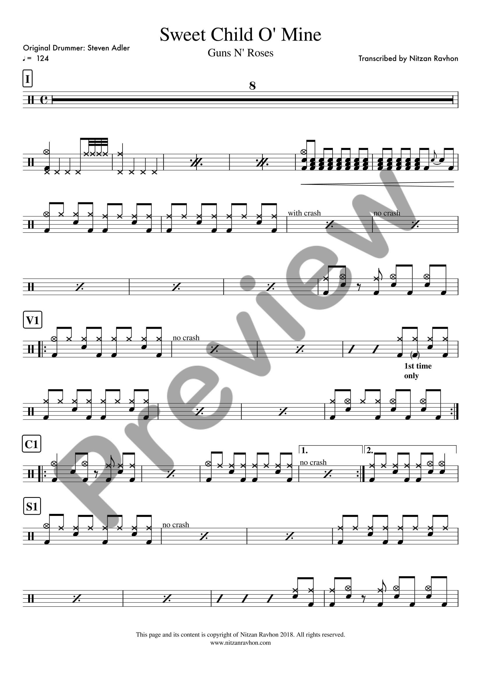 Drum Sheet Music - Guns N Roses - Sweet Child O Mine