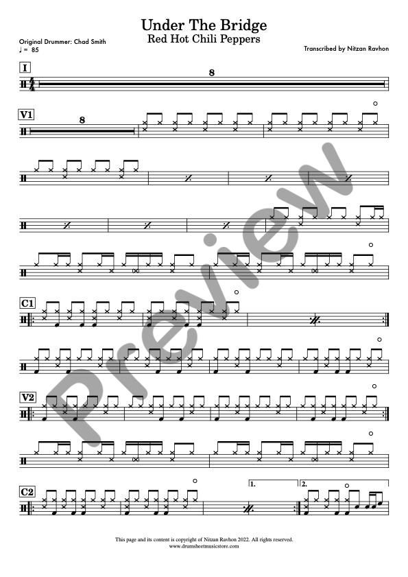 Cover image for Red Hot Chili Peppers Under The Bridge drum sheet music, designed for playing the rhythm and groove on a drum kit