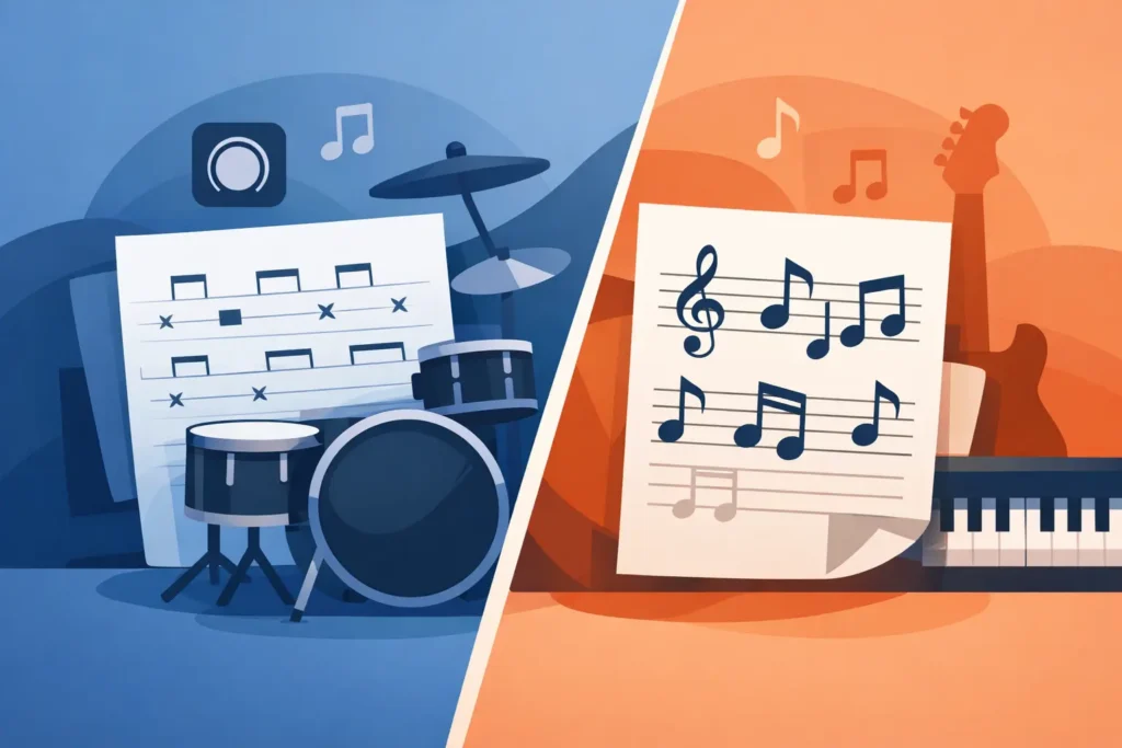 Drum Tabs vs Sheet Music for Real Song Detail