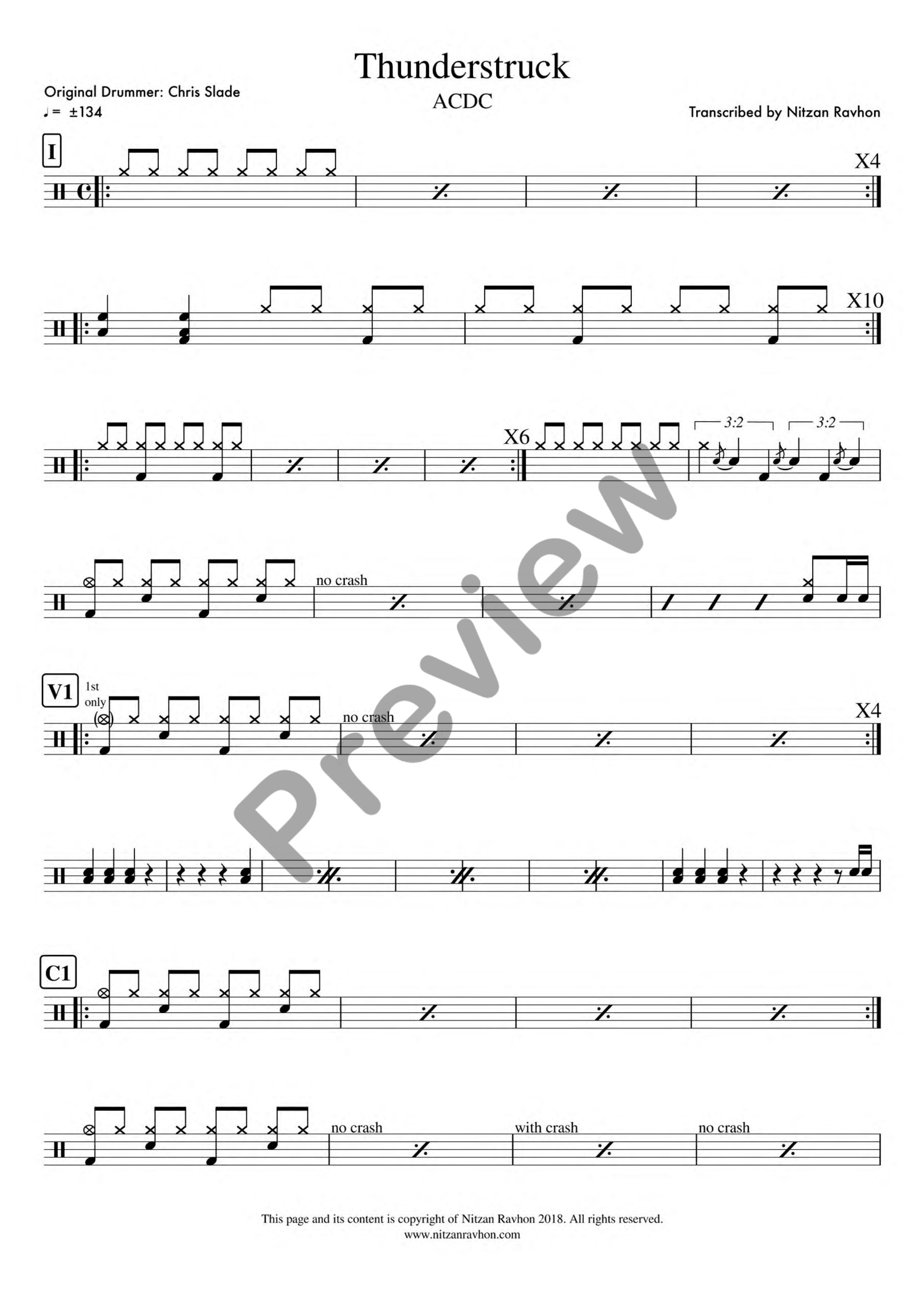 Thunderstruck drum sheet music – AC/DC (preview)