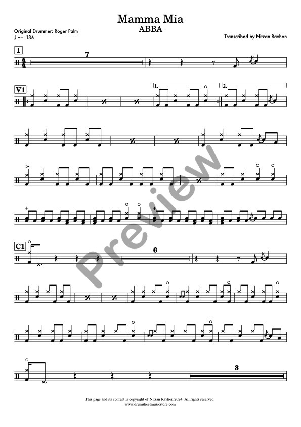 Mamma Mia drum sheet music – ABBA (preview)