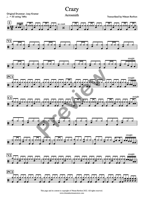 Crazy drum sheet music – Aerosmith (preview)