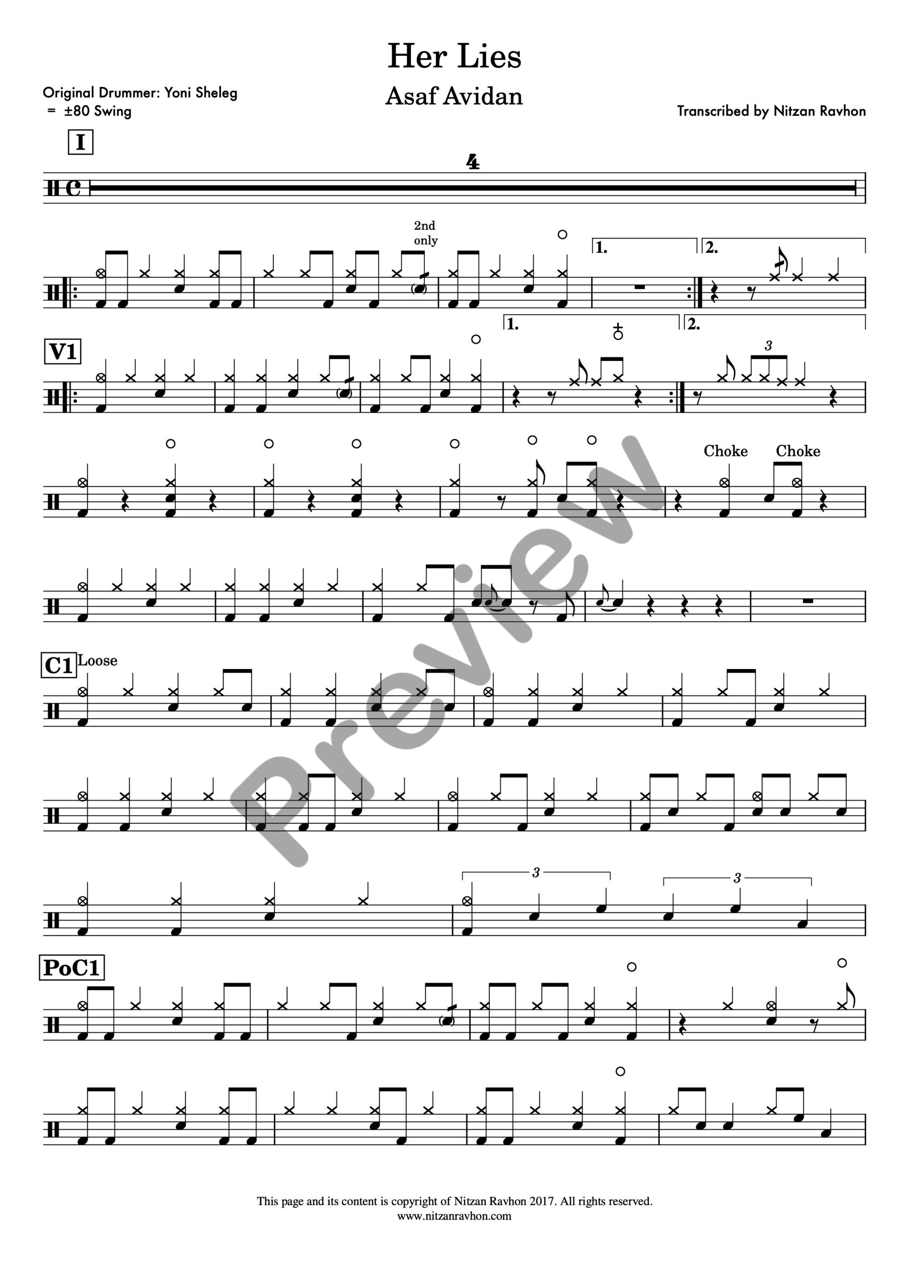 Her Lies drum sheet music – Asaf Avidan (preview)
