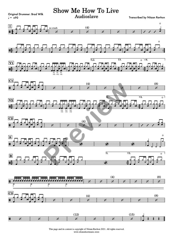 Show Me How To Live drum sheet music – Audioslave (preview)