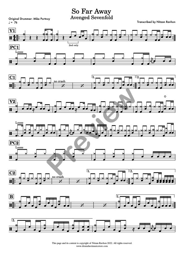 So Far Away drum sheet music – Avenged Sevenfold (preview)