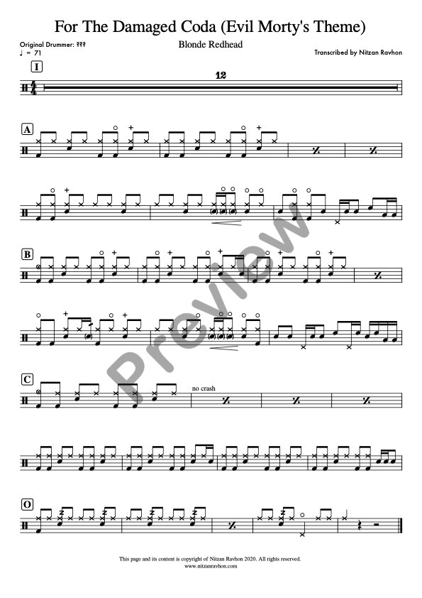 For the Damaged Coda drum sheet music – Blonde Redhead (preview)