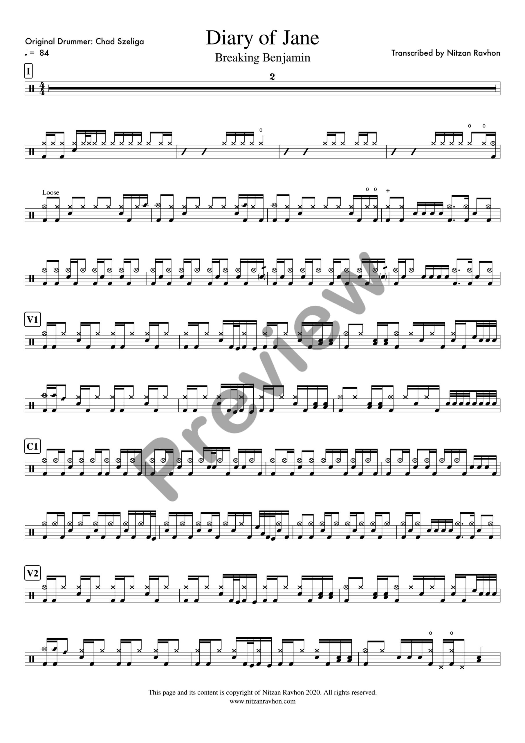 The Diary Of Jane drum sheet music – Breaking Benjamin (preview)
