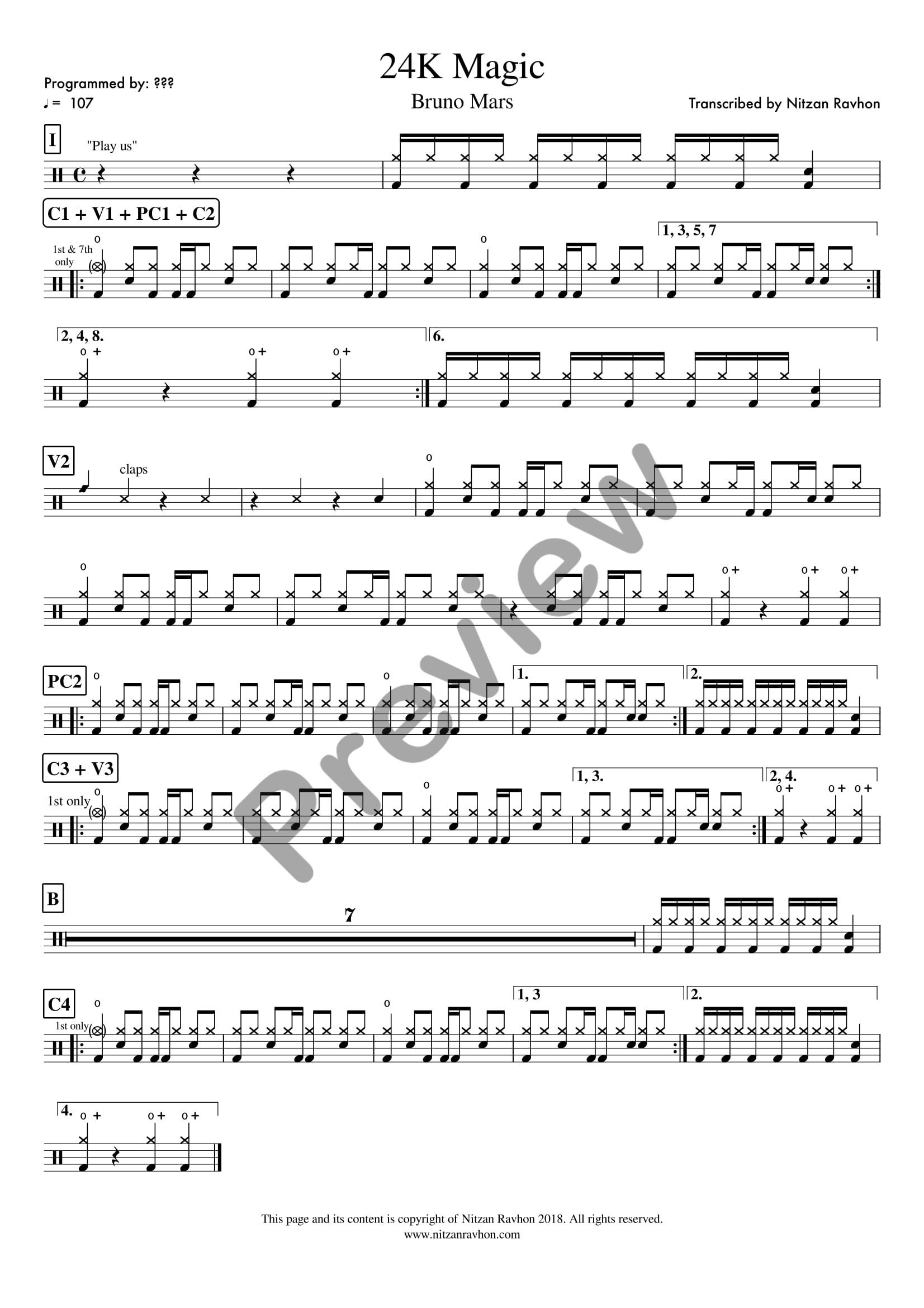 24K Magic drum sheet music – Bruno Mars (preview)