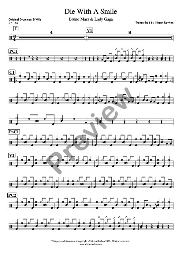Die With A Smile drum sheet music – Bruno Mars (preview)