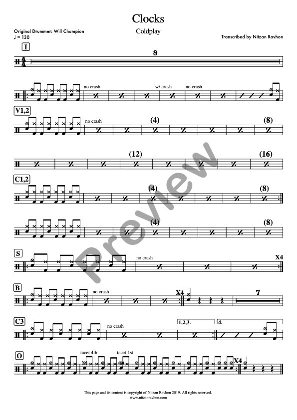 Clocks drum sheet music – Coldplay (preview)