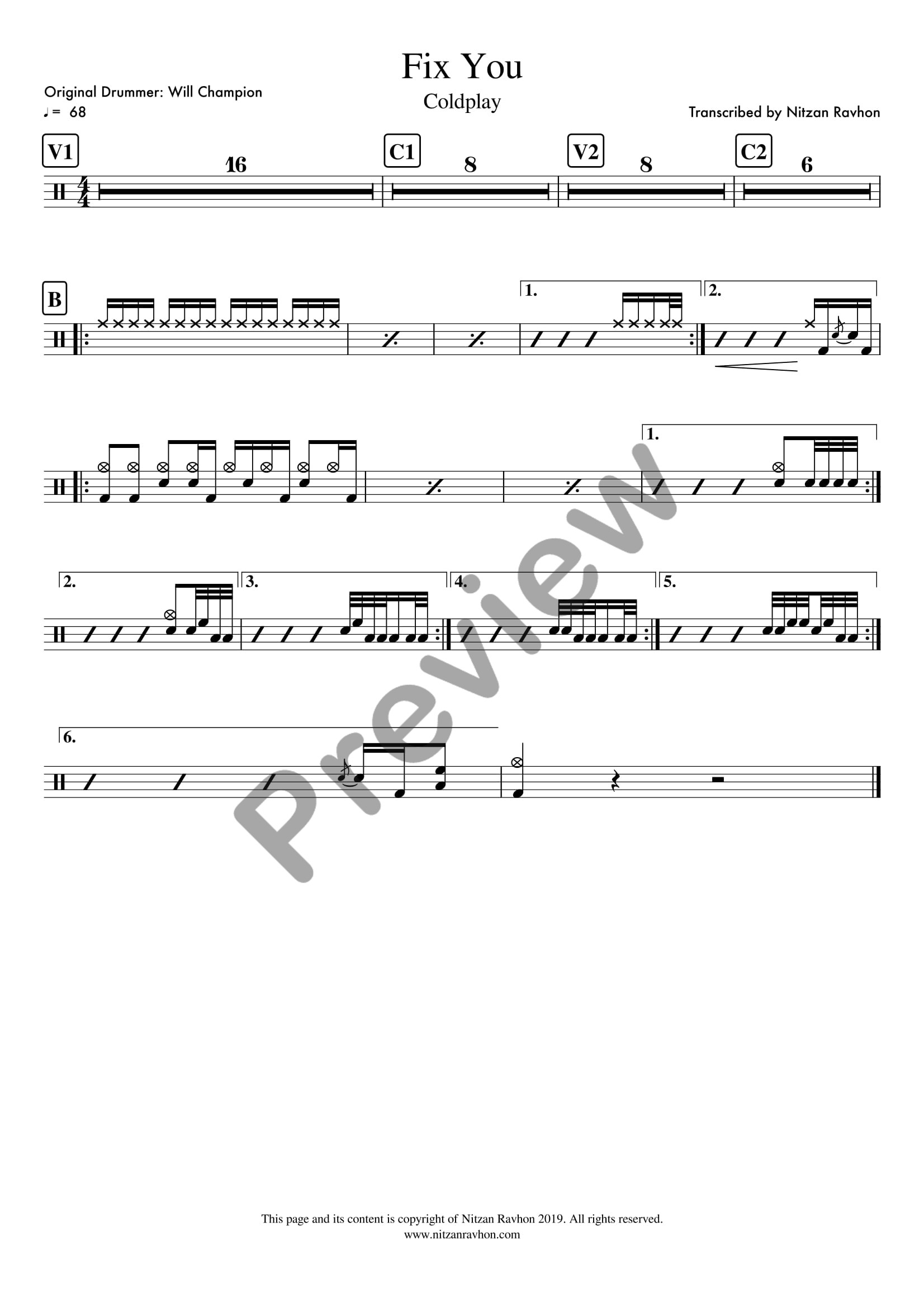 Fix You drum sheet music – Coldplay (preview)