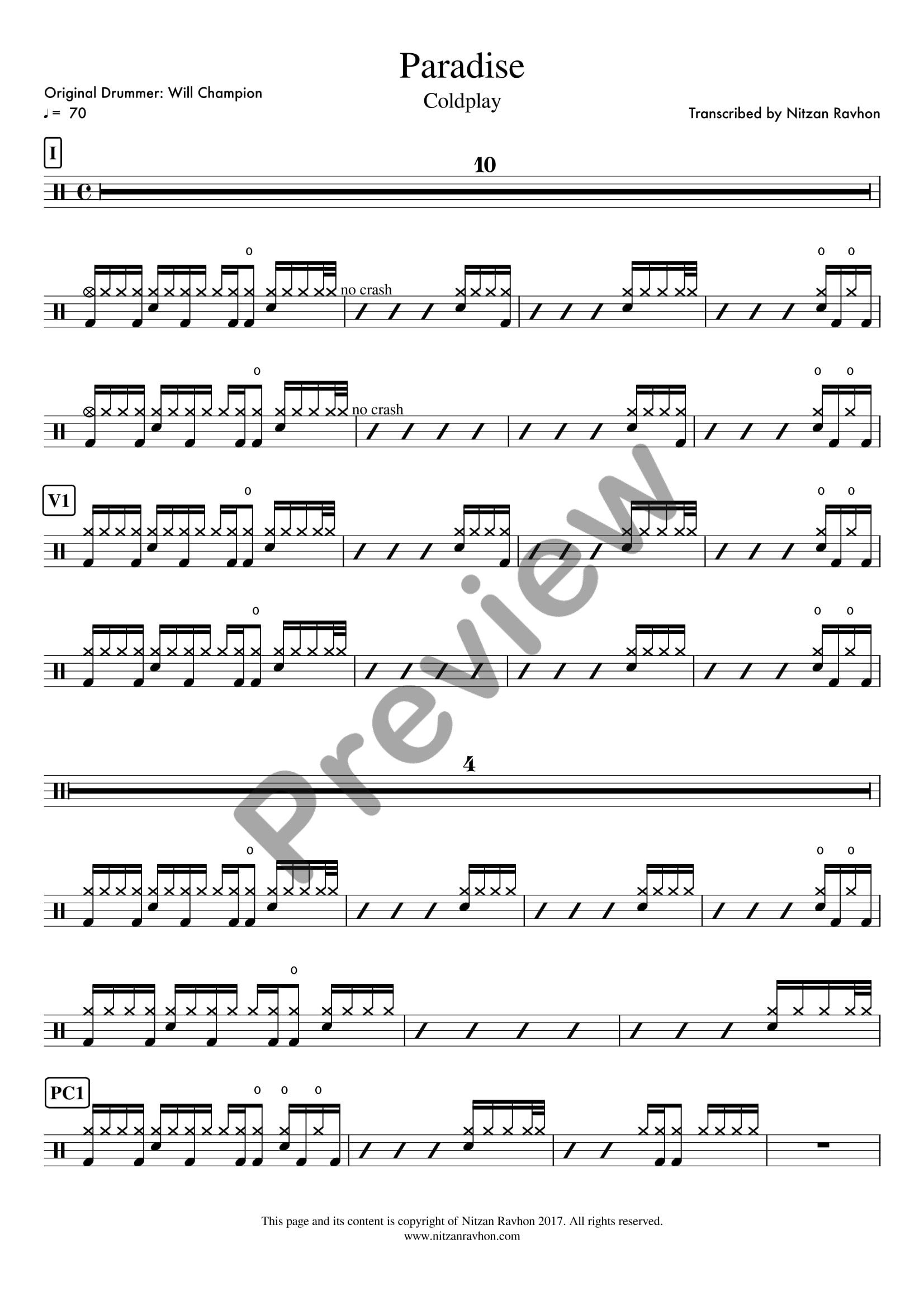 Paradise drum sheet music – Coldplay (preview)