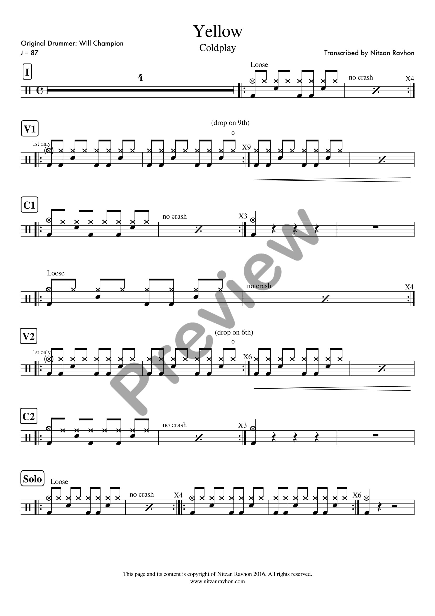 Yellow drum sheet music – Coldplay (preview)