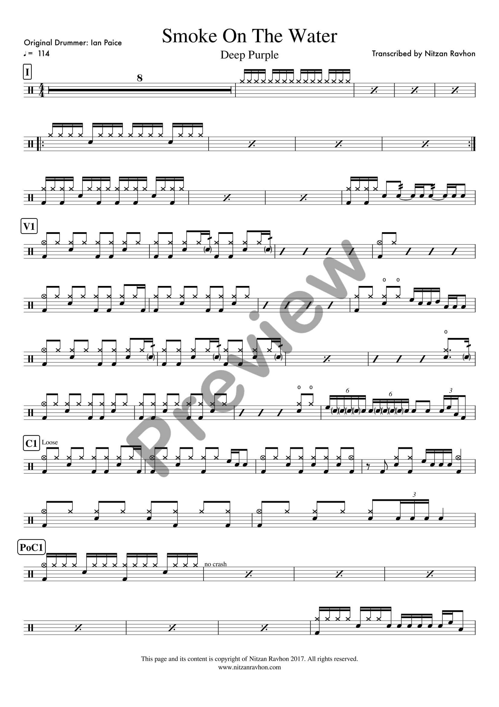Smoke On The Water drum sheet music – Deep Purple (preview)