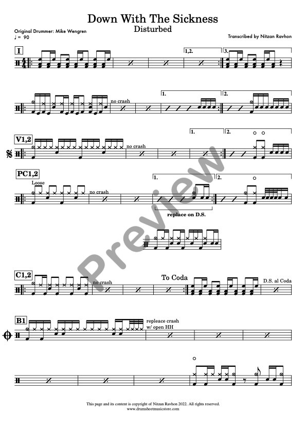 Down With The Sickness drum sheet music – Disturbed (preview)