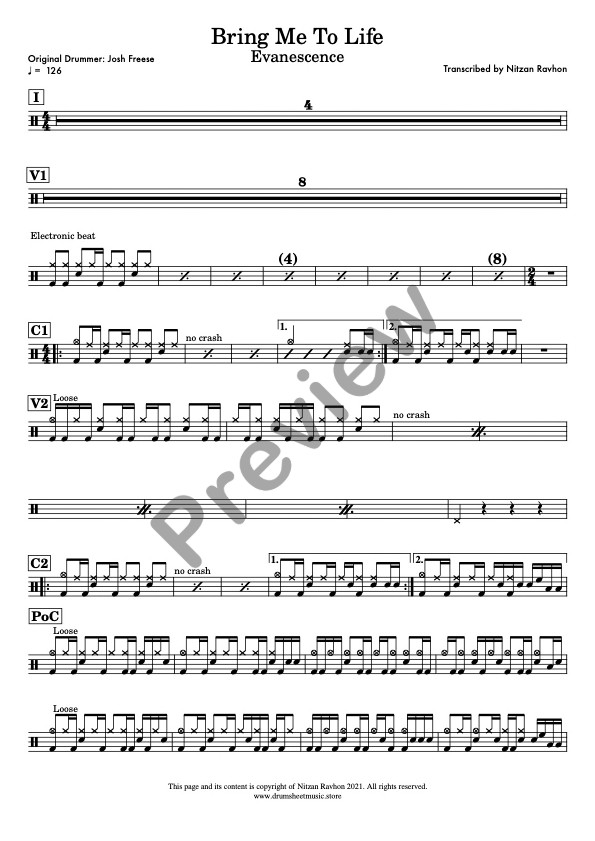 Bring Me To Life drum sheet music – Evanescence (preview)