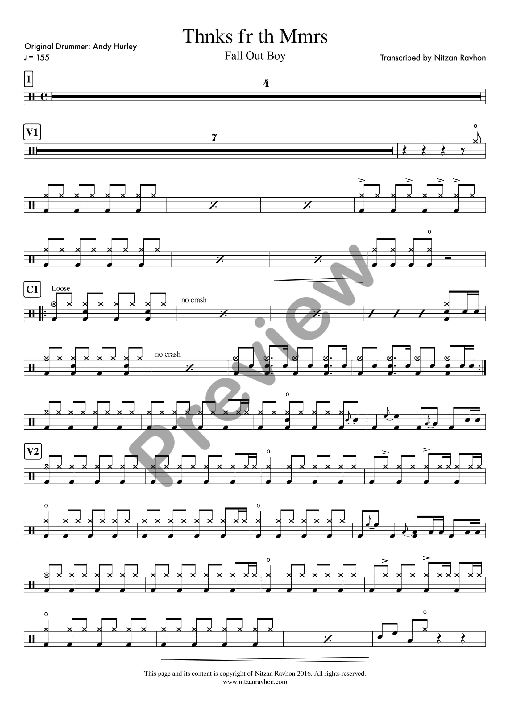 Thanks for the Memories drum sheet music – Fall Out Boy (preview)