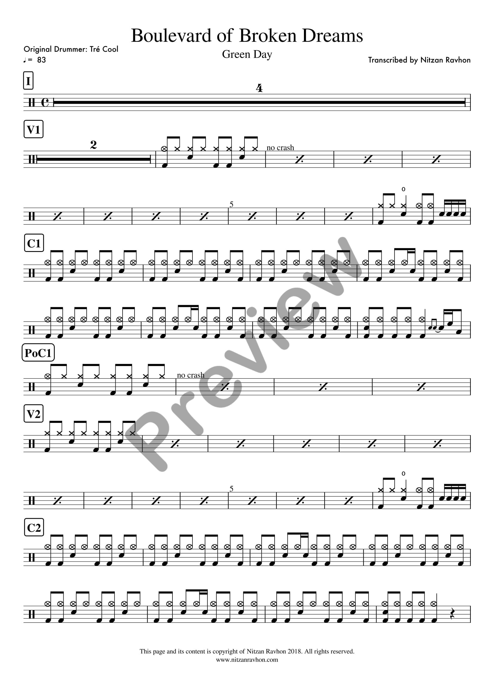 Boulevard Of Broken Dreams drum sheet music – Green Day (preview)