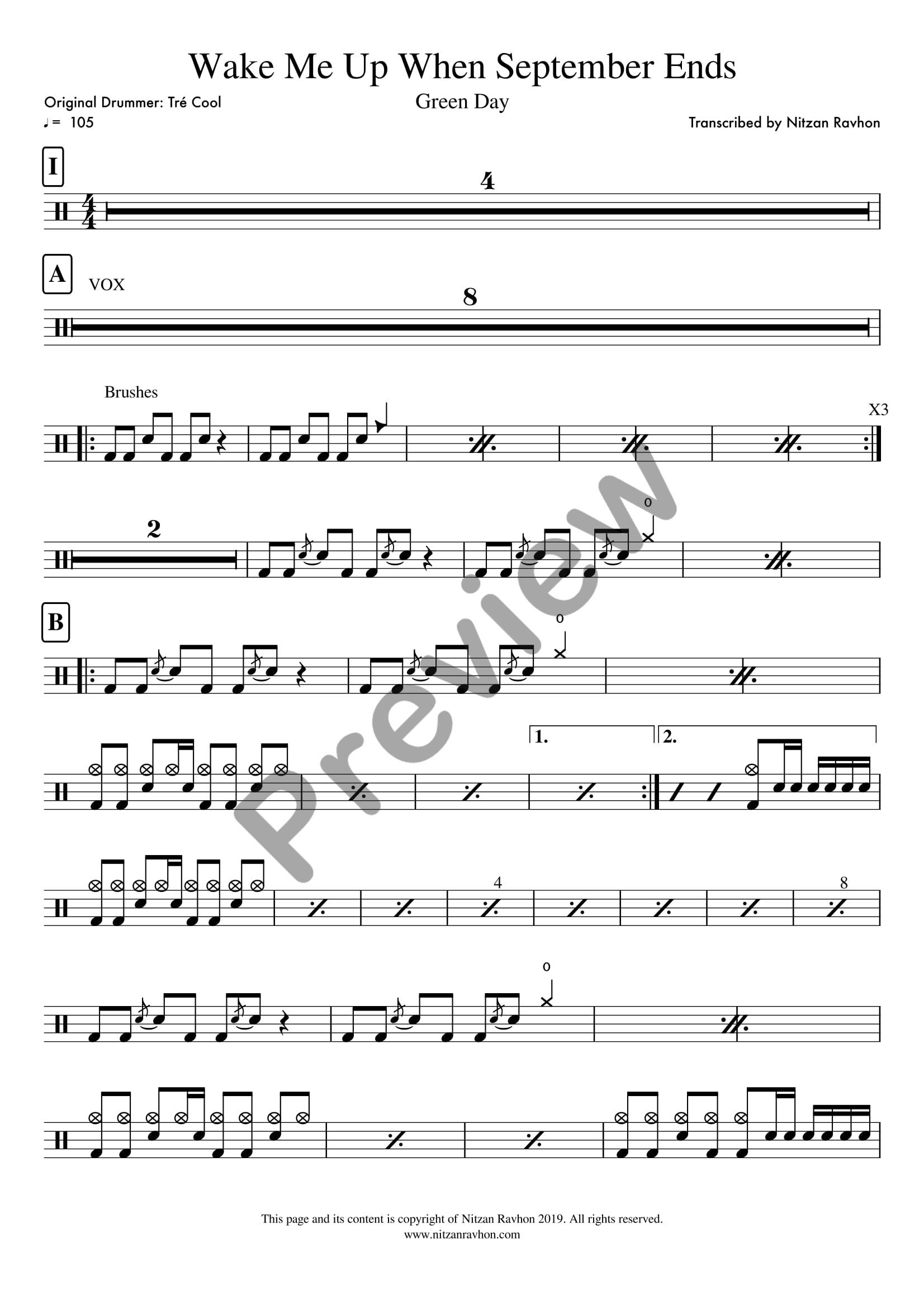Wake Me Up When September Ends drum sheet music – Green Day (preview)