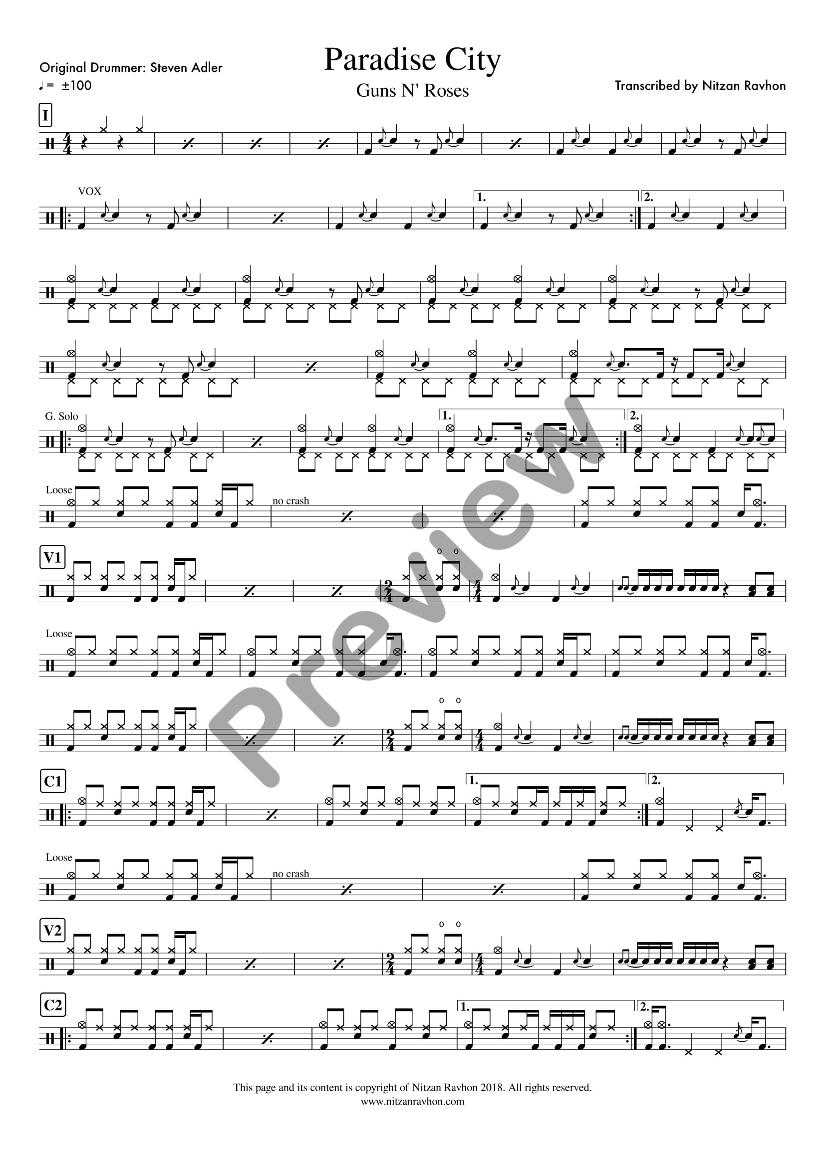 Paradise City drum sheet music – Guns N' Roses (preview)