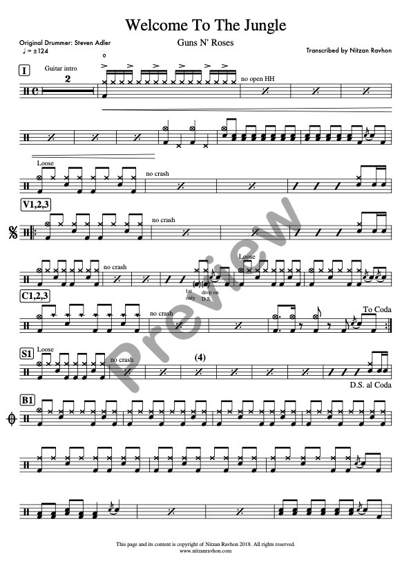 Welcome To The Jungle drum sheet music – Guns N' Roses (preview)