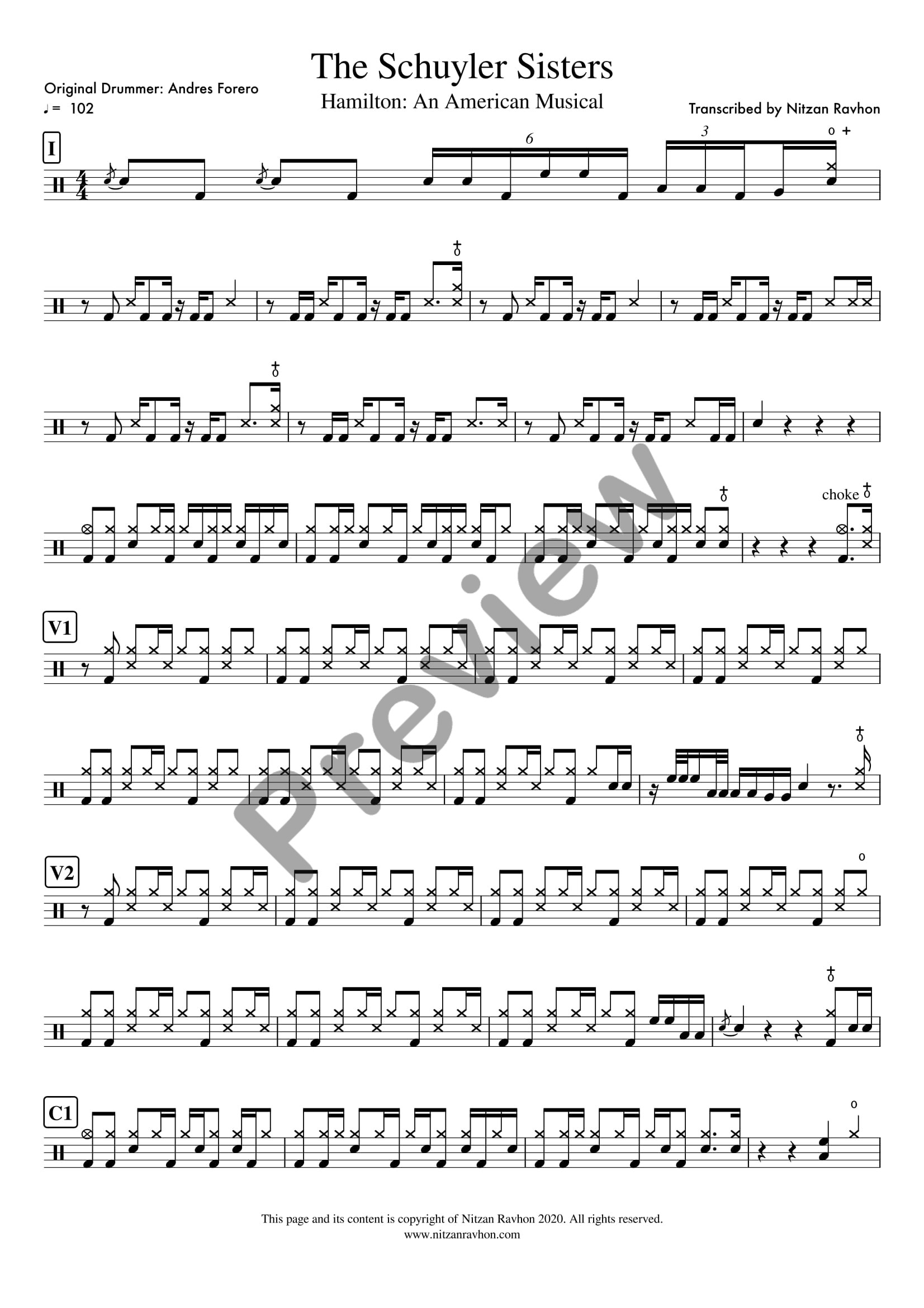 The Schuyler Sisters drum sheet music – Hamilton (preview)