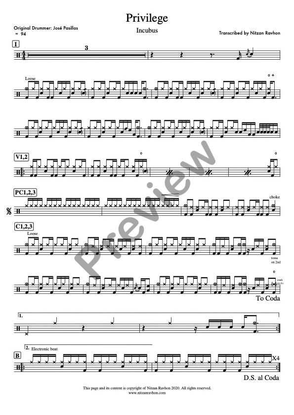 Privilege drum sheet music – Incubus (preview)