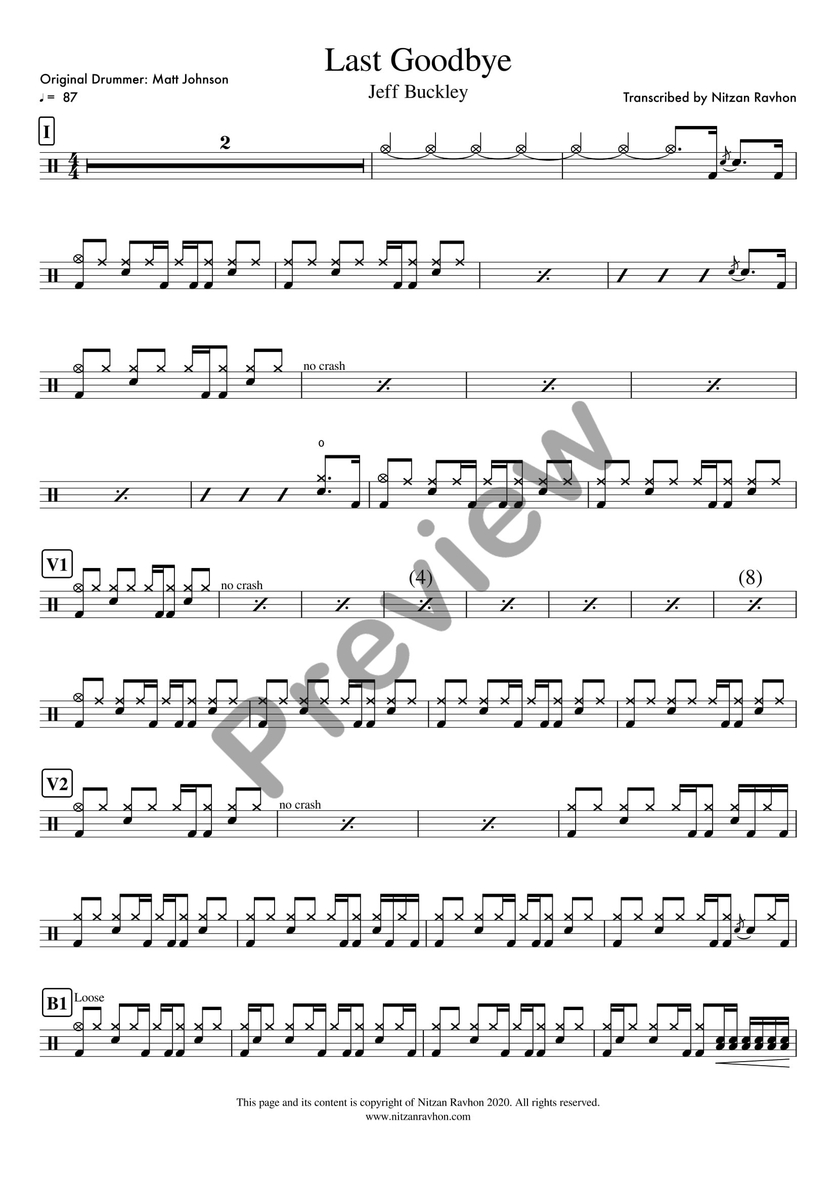 Last Goodbye drum sheet music – Jeff Buckley (preview)