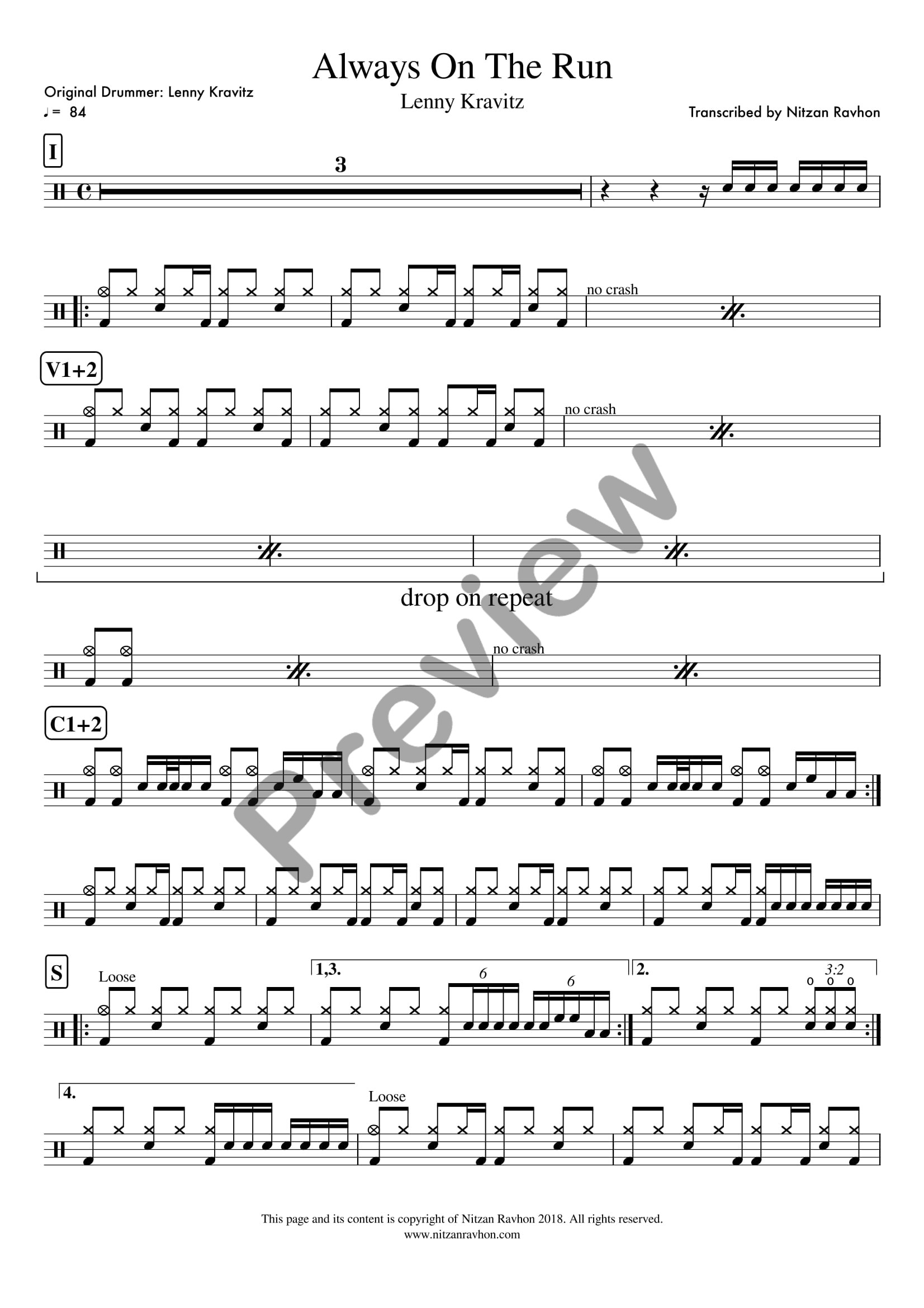 Always On The Run drum sheet music – Lenny Kravitz (preview)