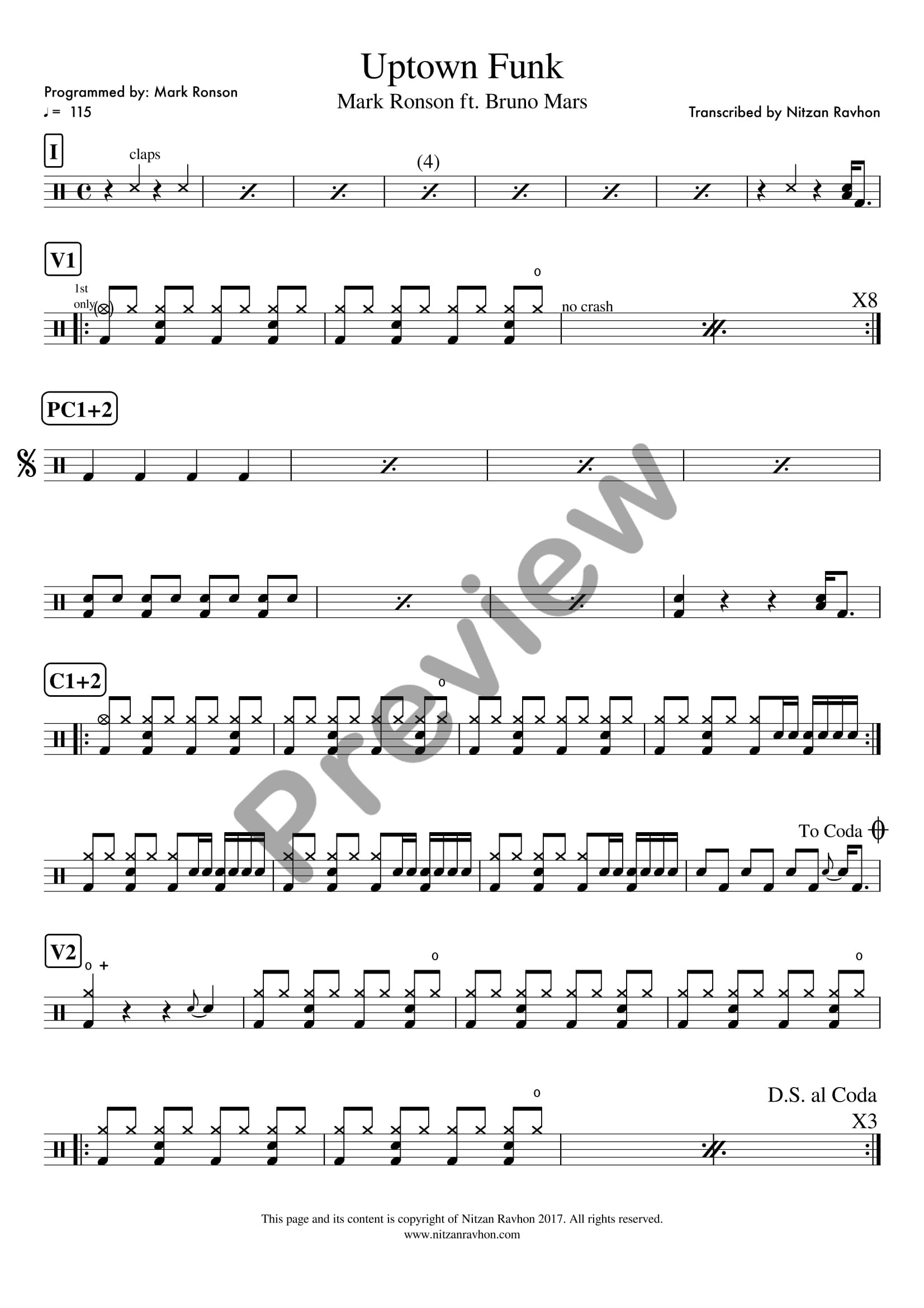 Uptown Funk drum sheet music – Mark Ronson (preview)