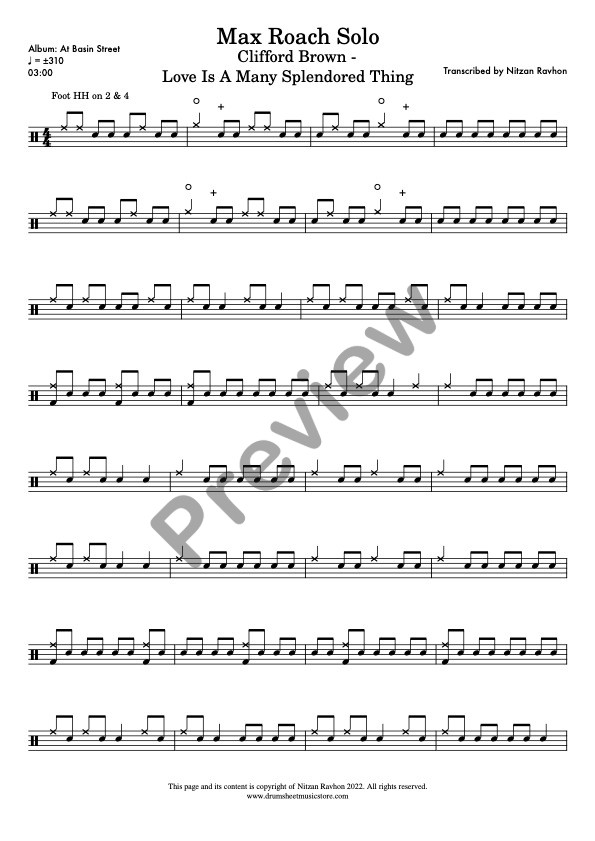 Love Is A Many Splendored Thing drum solo transcription – Max Roach (preview)