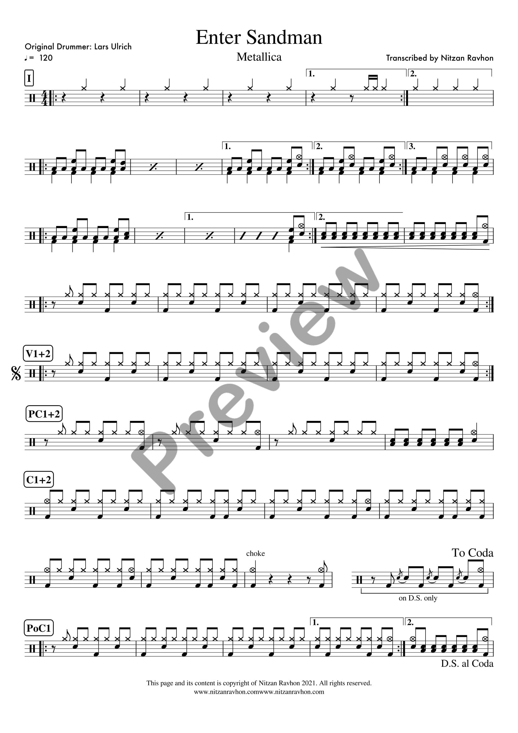 Enter Sandman drum sheet music – Metallica (preview)
