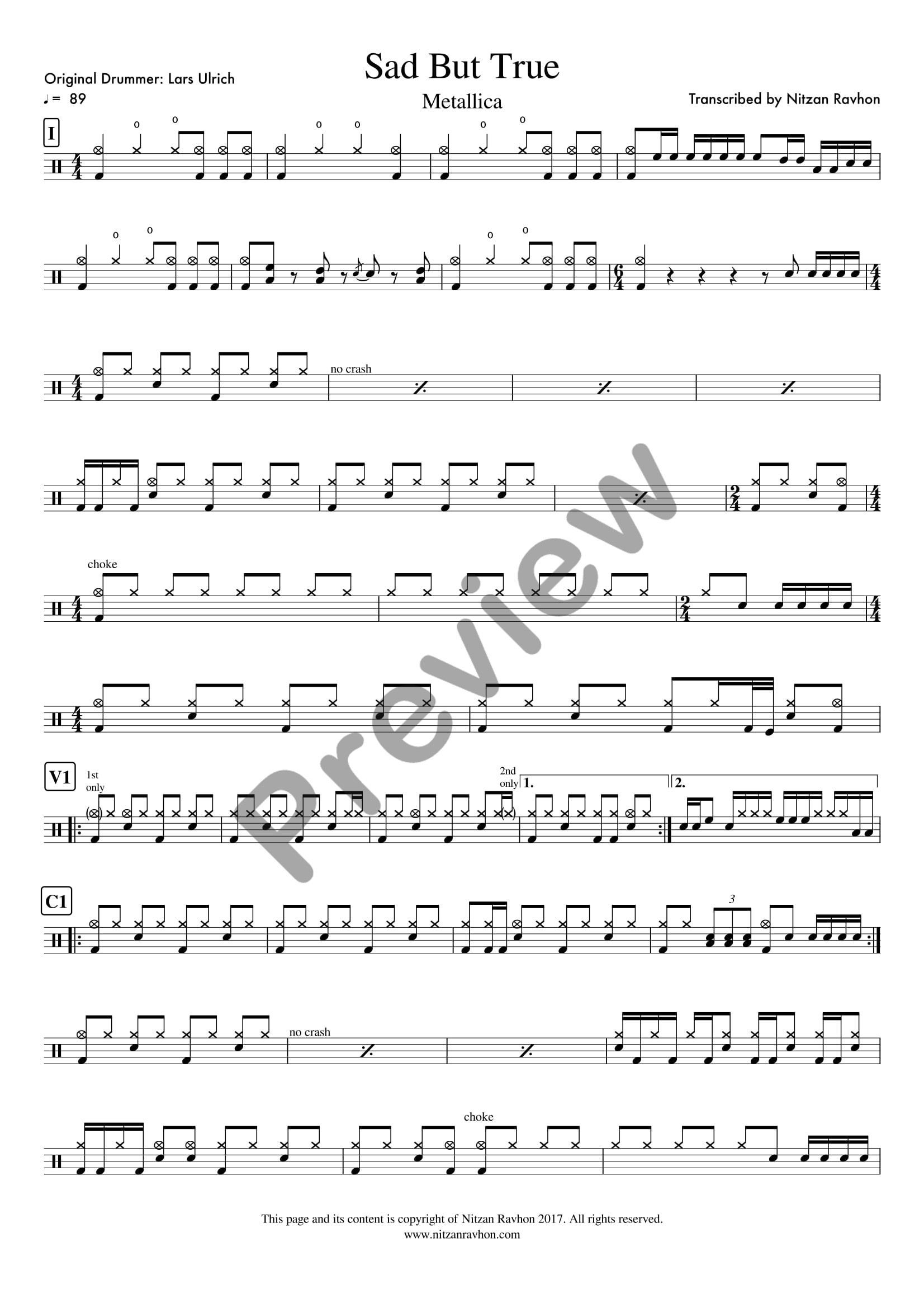 Sad But True drum sheet music – Metallica (preview)