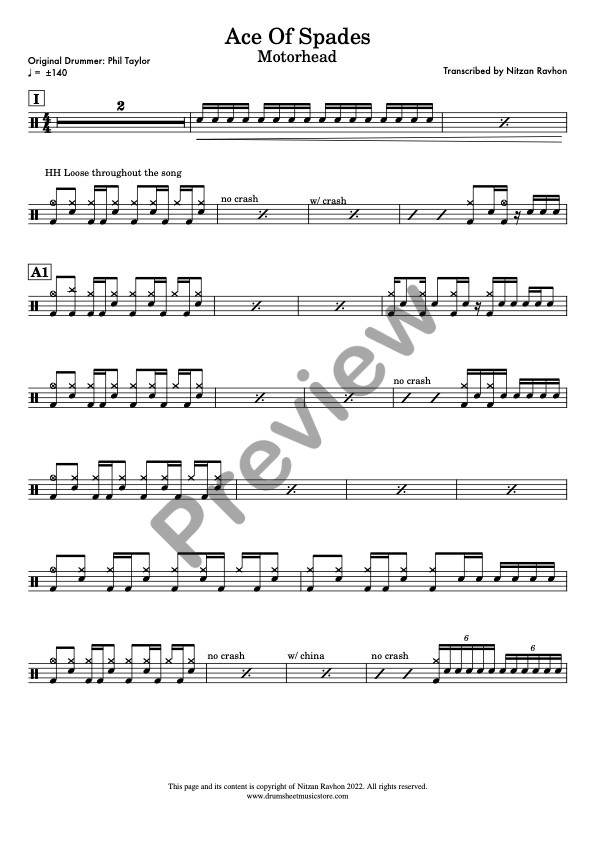 Ace Of Spades drum sheet music – Motörhead (preview)