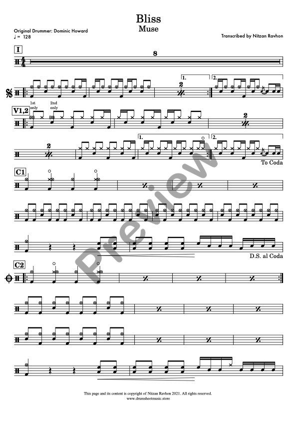 Bliss drum sheet music – Muse (preview)