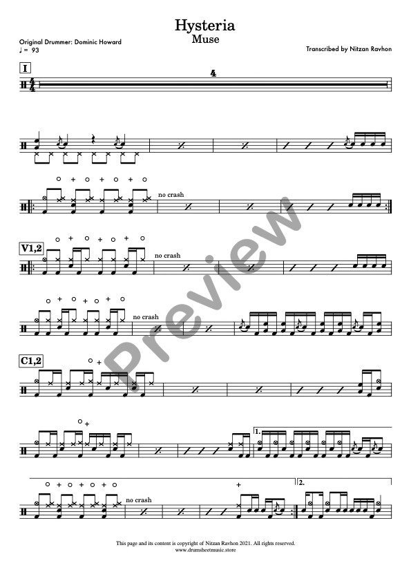 Hysteria drum sheet music – Muse (preview)