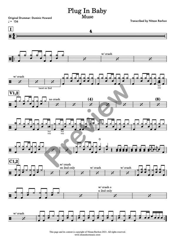 Plug In Baby drum sheet music – Muse (preview)