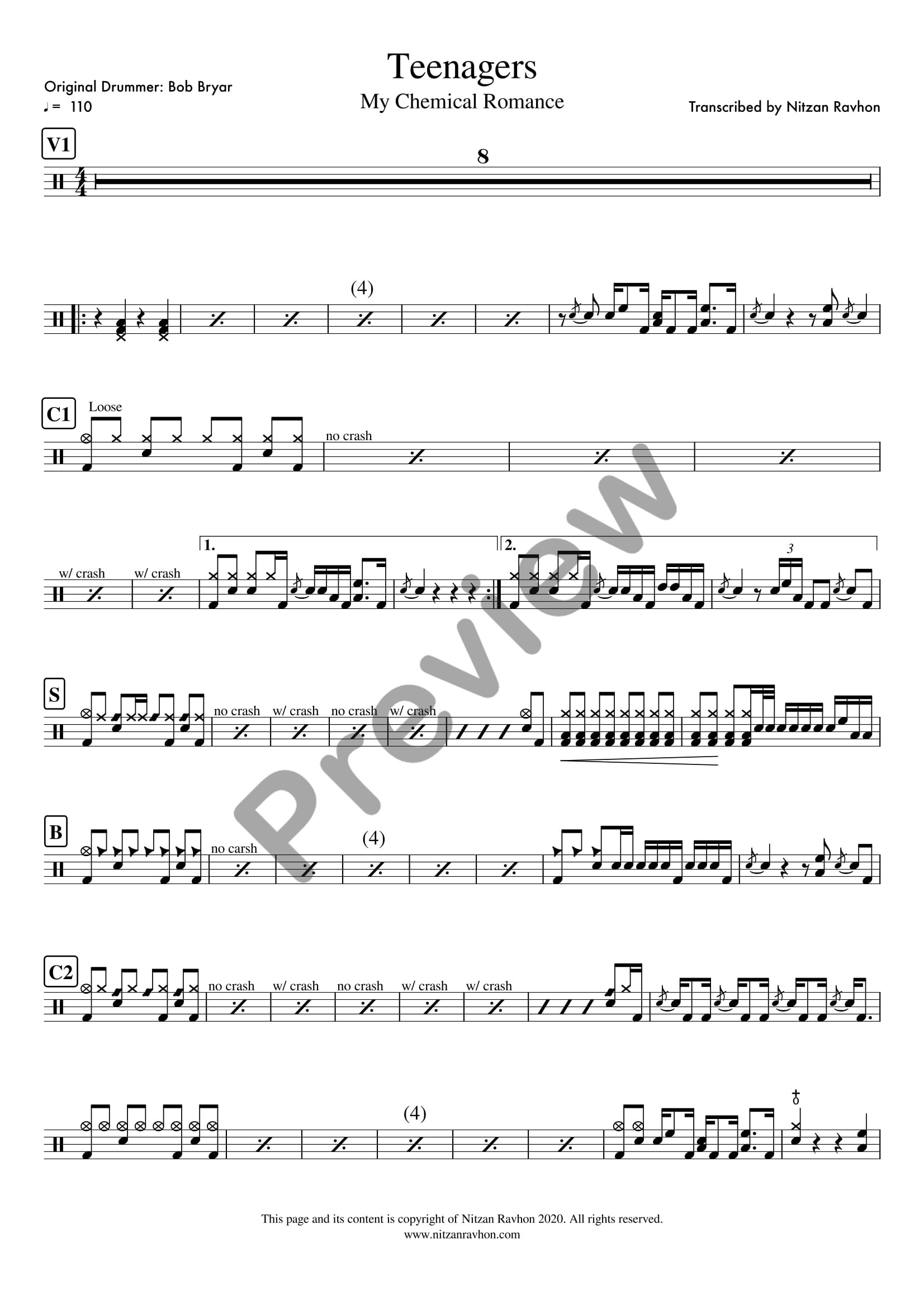 Teenagers drum sheet music – My Chemical Romance (preview)