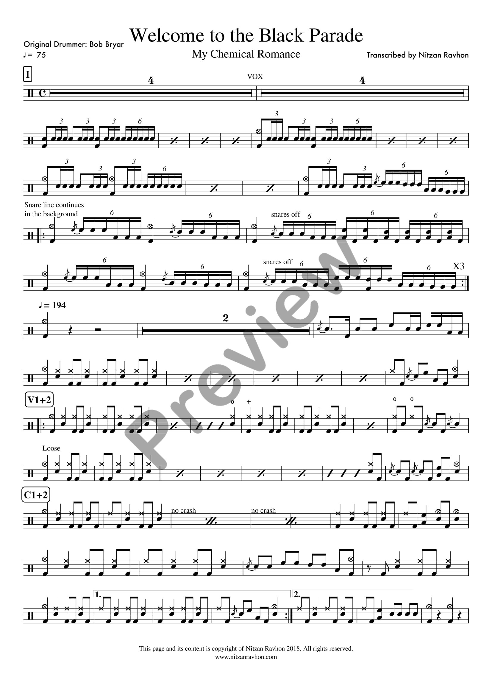 Welcome To The Black Parade drum sheet music – My Chemical Romance (preview)