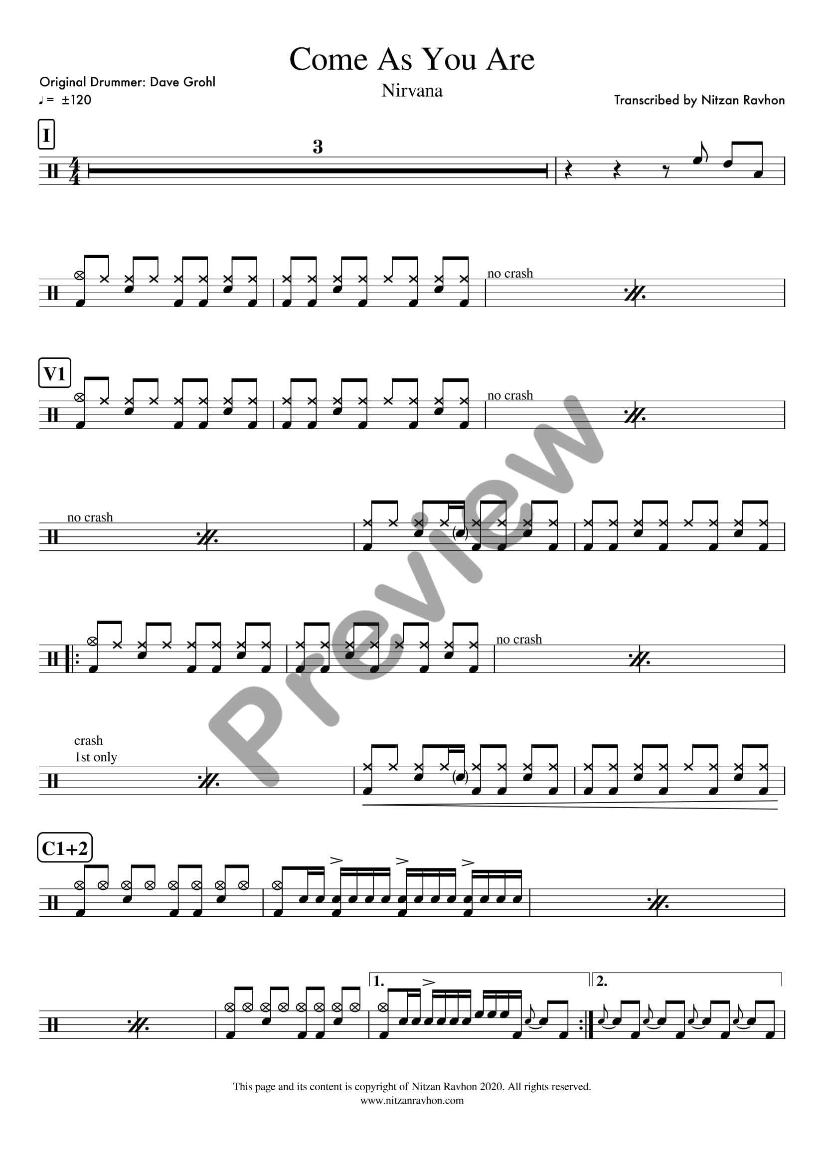 Come As You Are drum sheet music – Nirvana (preview)