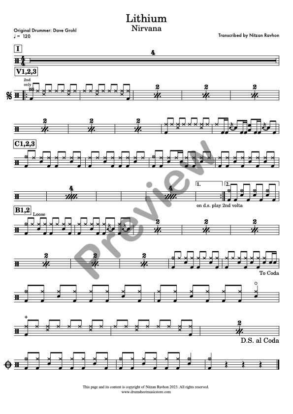 Lithium drum sheet music – Nirvana (preview)