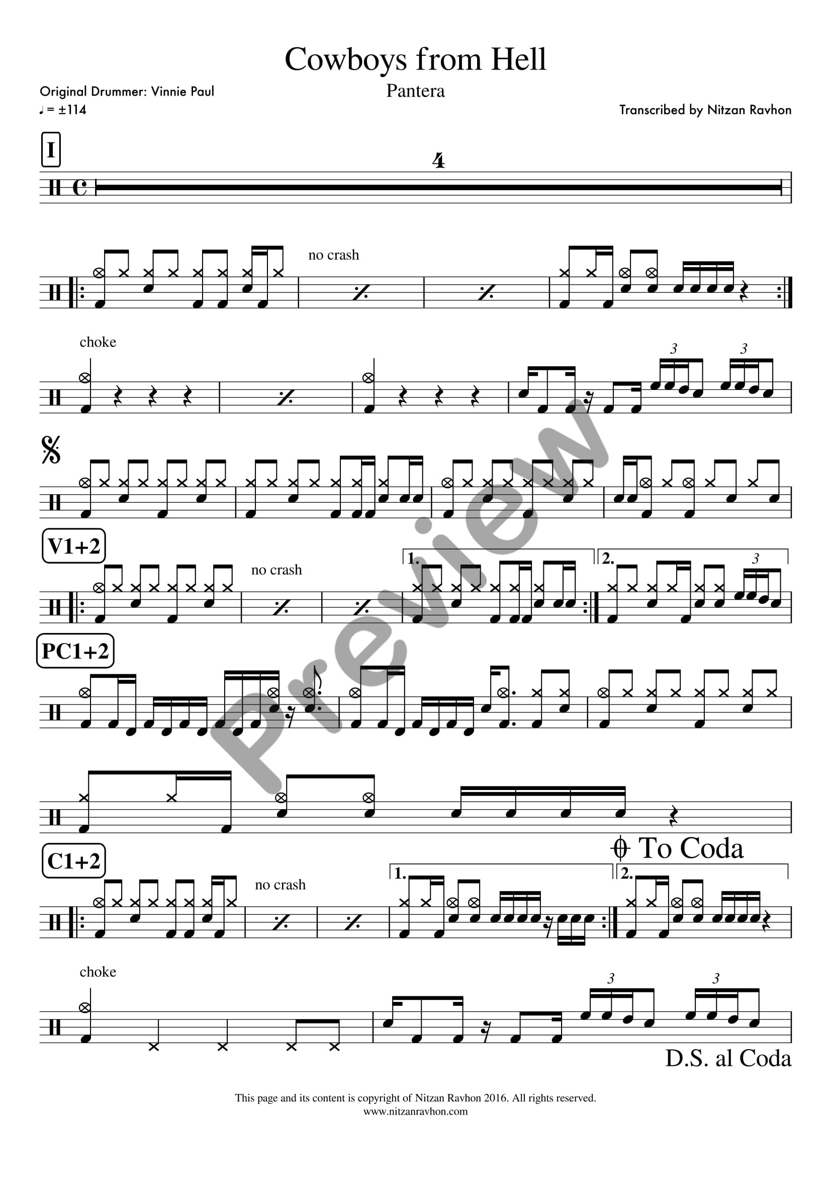 Cowboys From Hell drum sheet music – Pantera (preview)