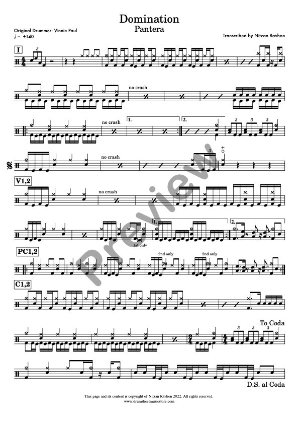 Domination drum sheet music – Pantera (preview)