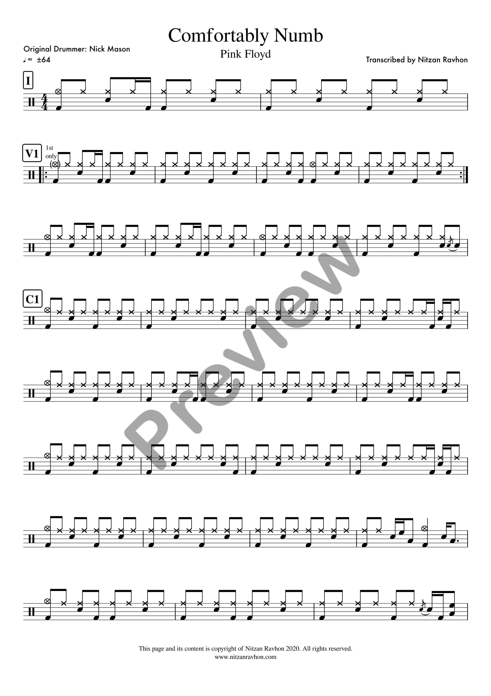 Comfortably Numb drum sheet music – Pink Floyd (preview)