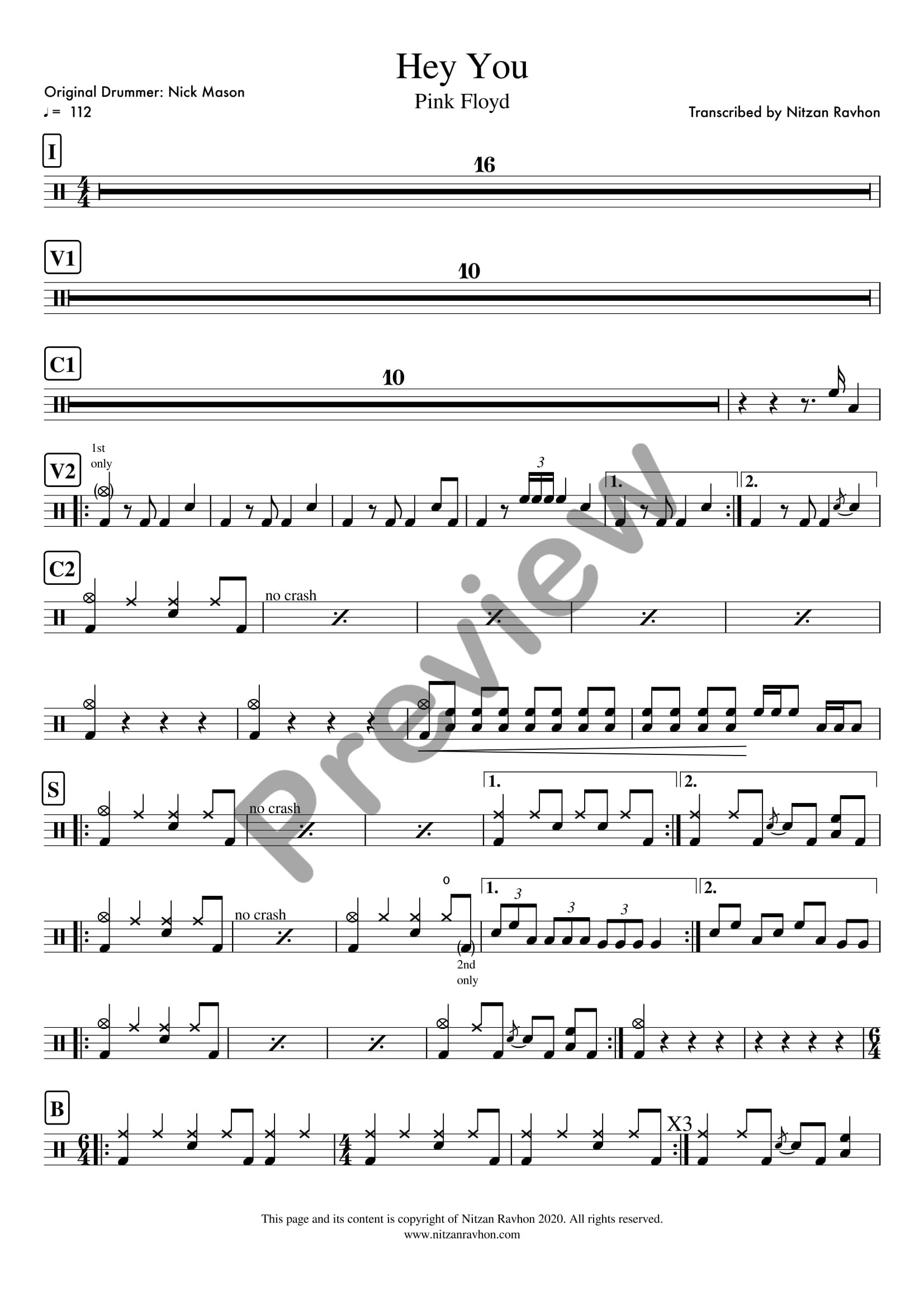 Hey You drum sheet music – Pink Floyd (preview)