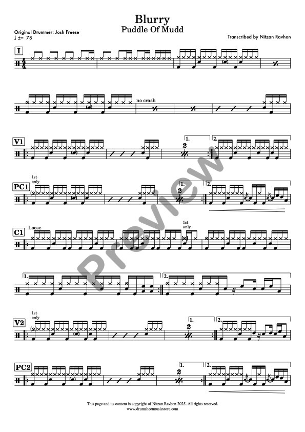 Blurry drum sheet music – Puddle Of Mudd (preview)