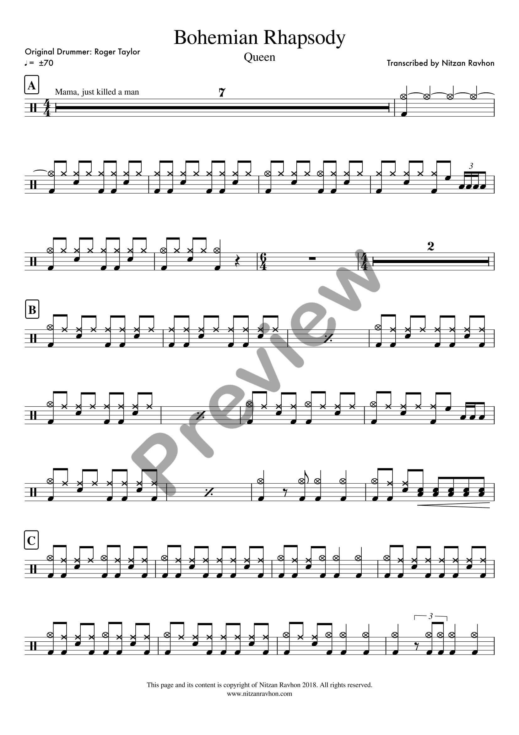Bohemian Rhapsody drum sheet music – Queen (preview)