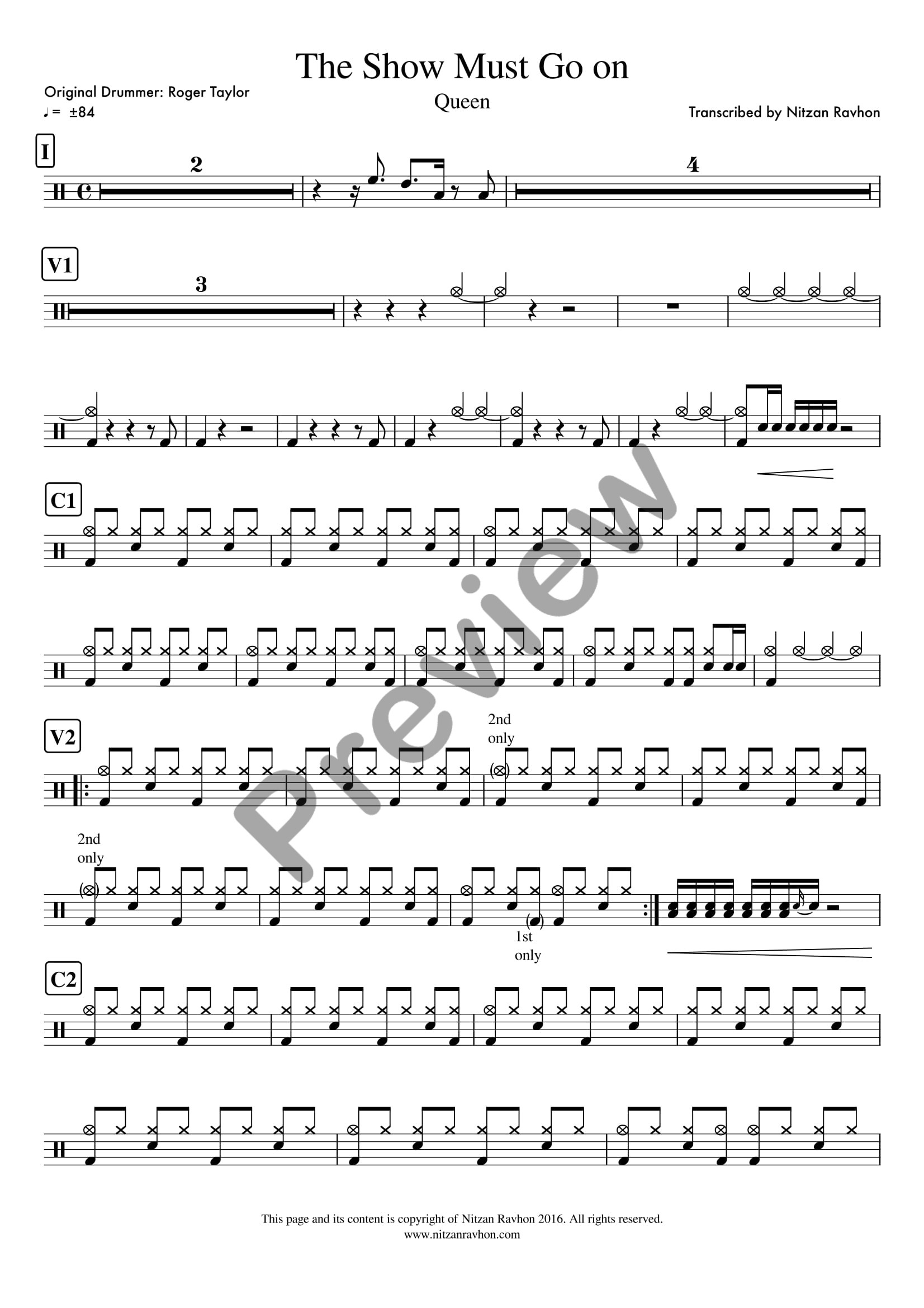 The Show Must Go On drum sheet music – Queen, first page preview