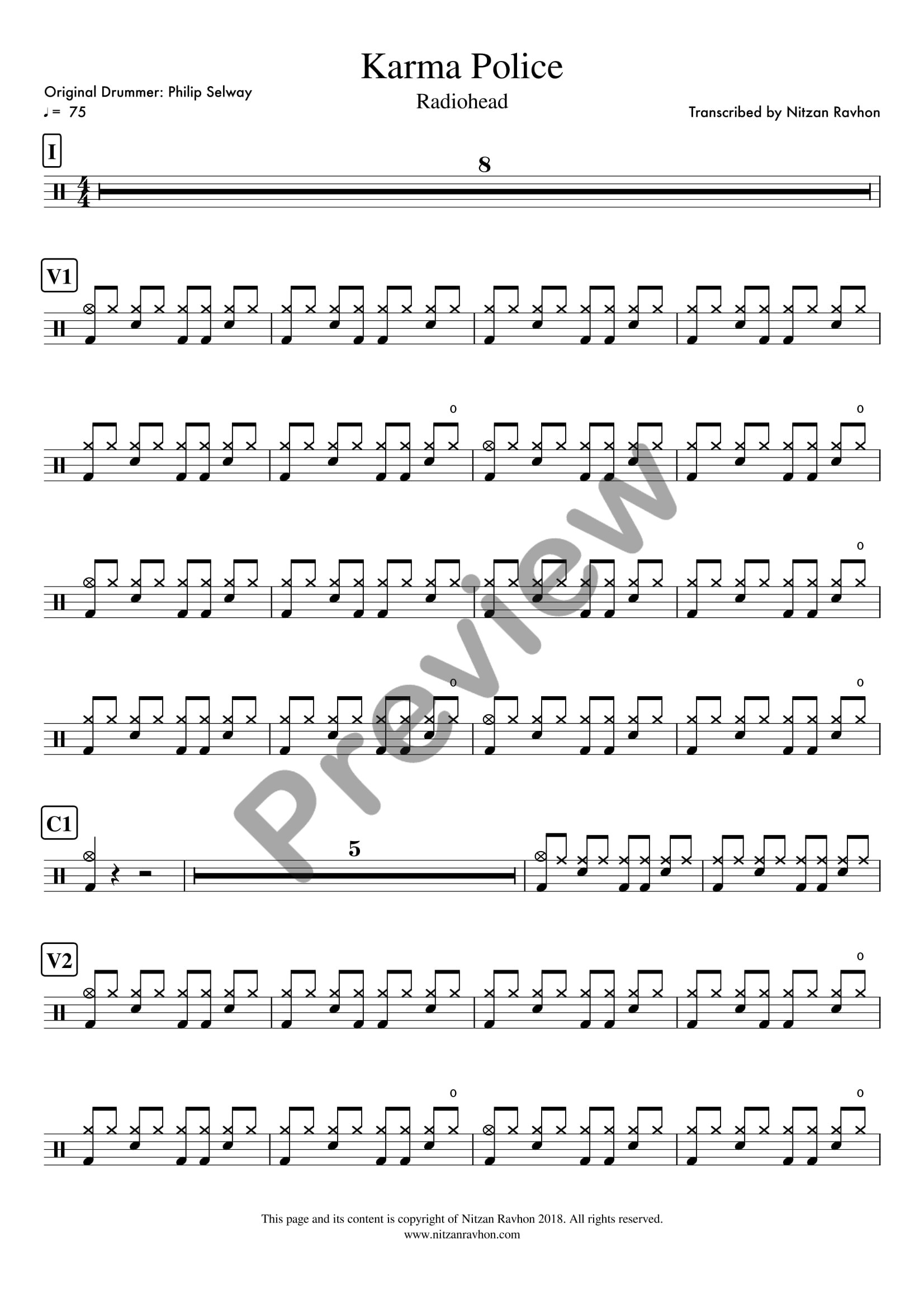 Karma Police drum sheet music – Radiohead (preview)