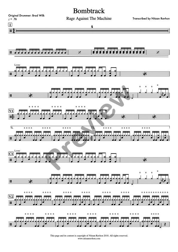 Bombtrack drum sheet music – Rage Against The Machine (preview)
